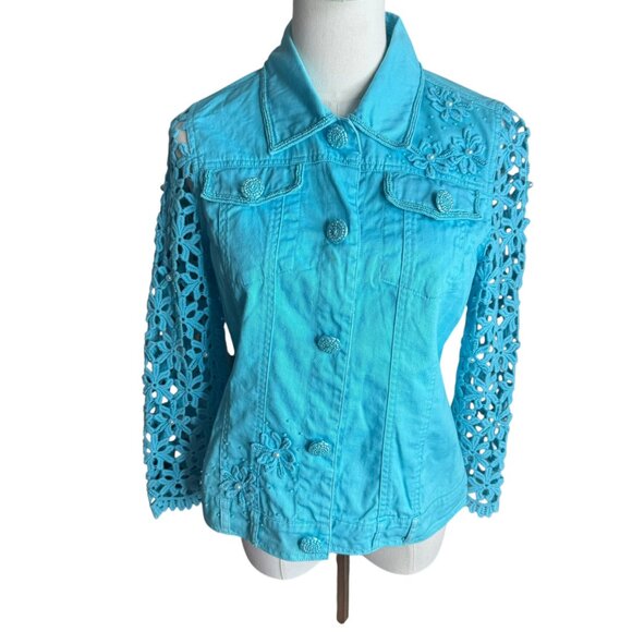 Just B Turquoise Eyelet Embroidered Jacket Size S | Floral Lace Sleeves & Beaded - Picture 1 of 10